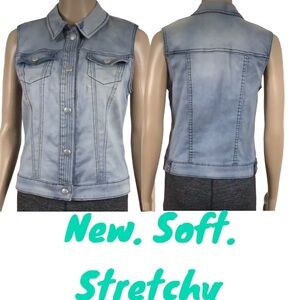 👛(ANY 2/$20) XS Women’s TRIBAL JEANS Blue Denim Vest Snap Button Chest Po…